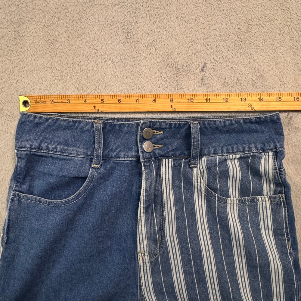 UNIQ BY LITZ Womens Size Medium Patchwork Denim Striped Button Side Jeans - Picture 9 of 9